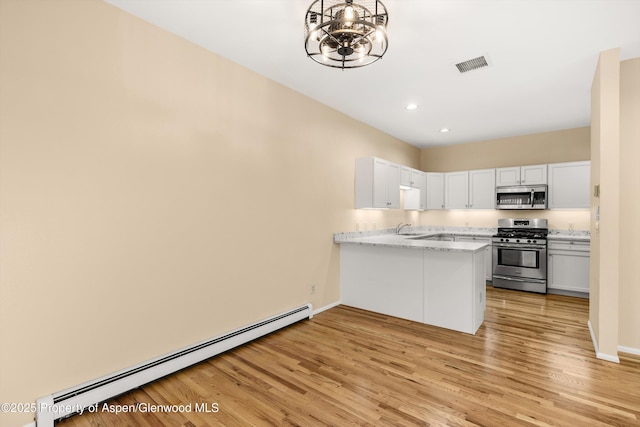 kitchen featuring light wood-style flooring, a sink, a baseboard heating unit, appliances with stainless steel finishes, and a peninsula