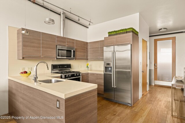 2633 Dolores Way, Carbondale, CO 81623 - kitchen featuring a peninsula, a sink, wood finished floors, light countertops, and appliances with stainless steel finishes