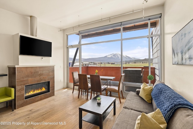 2633 Dolores Way, Carbondale, CO 81623 - living room featuring a tile fireplace, wood finished floors, and a mountain view