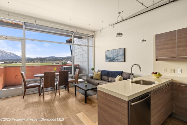 2633 Dolores Way, Carbondale, CO 81623 - kitchen featuring a mountain view, light wood finished floors, stainless steel dishwasher, and a sink