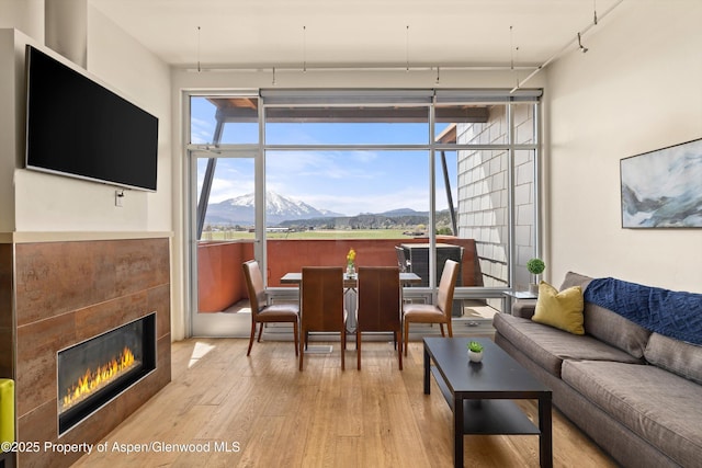 2633 Dolores Way, Carbondale, CO 81623 - living room with a tiled fireplace, floor to ceiling windows, light wood-style floors, and a mountain view