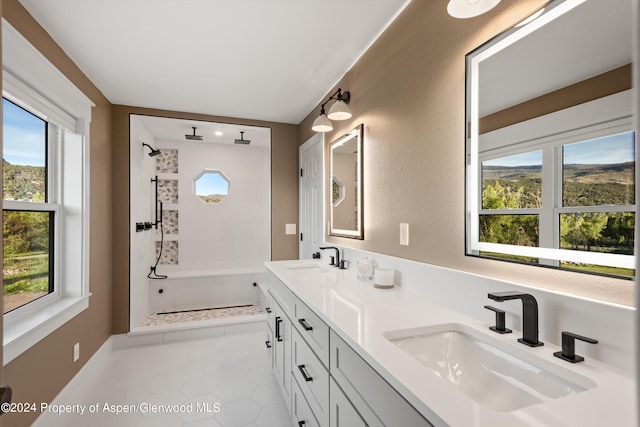 bathroom featuring a healthy amount of sunlight, a walk in shower, and a sink