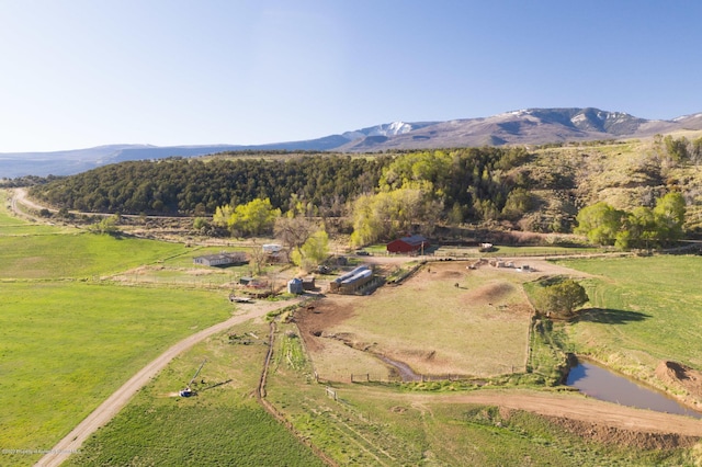 birds eye view of property featuring a rural view and a water and mountain view