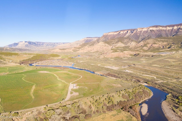 bird's eye view featuring a water and mountain view