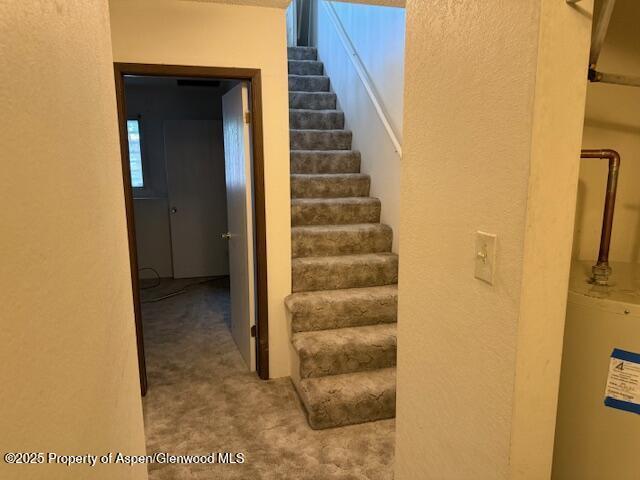 872 Russell St, Craig, CO 81625 - stairway with gas water heater, carpet, and a textured wall