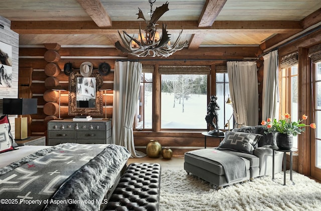 bedroom featuring wood ceiling, rustic walls, hardwood / wood-style floors, beam ceiling, and a notable chandelier