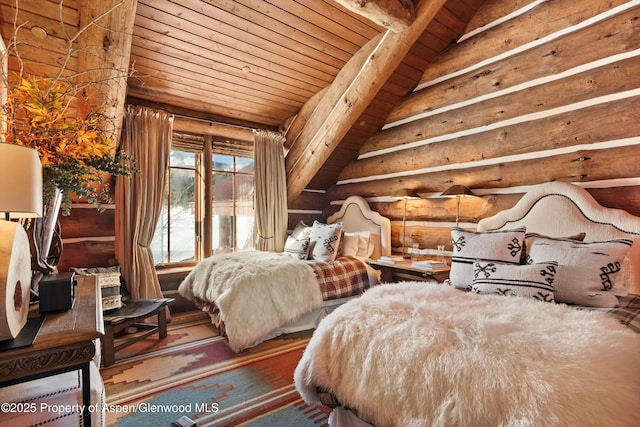 bedroom with vaulted ceiling with beams, wood ceiling, and rustic walls