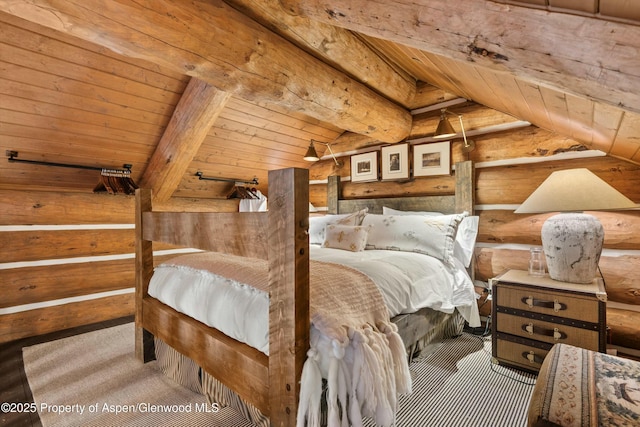 bedroom with wood ceiling, log walls, and lofted ceiling with beams