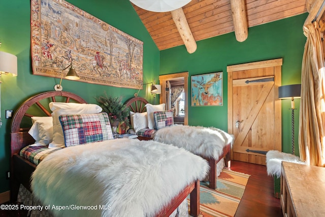 bedroom featuring lofted ceiling with beams, a barn door, wooden ceiling, and dark hardwood / wood-style flooring