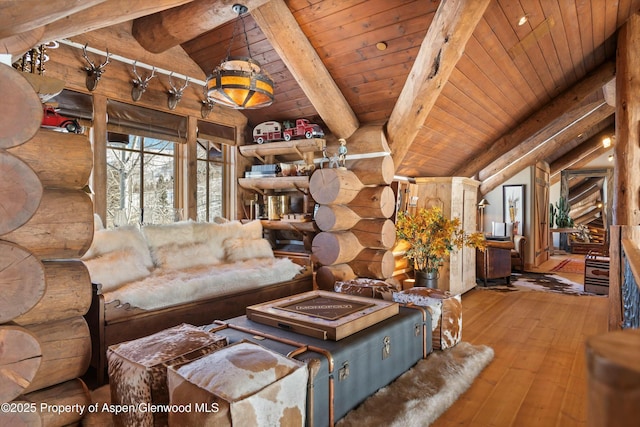 unfurnished living room featuring lofted ceiling with beams, wooden ceiling, hardwood / wood-style flooring, and rustic walls