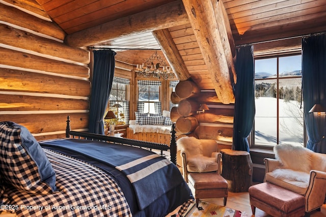 bedroom with wood ceiling, wood-type flooring, vaulted ceiling, a notable chandelier, and log walls