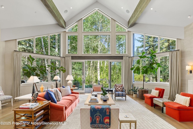 10 Ute Pl, Aspen, CO 81611 - living room featuring high vaulted ceiling, wood finished floors, and beamed ceiling