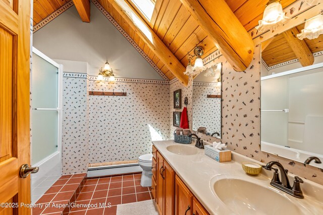 3 Hazel Lake Dr, Cimarron, CO 81220 - full bath featuring wood ceiling, a baseboard heating unit, tile patterned floors, toilet, and double vanity