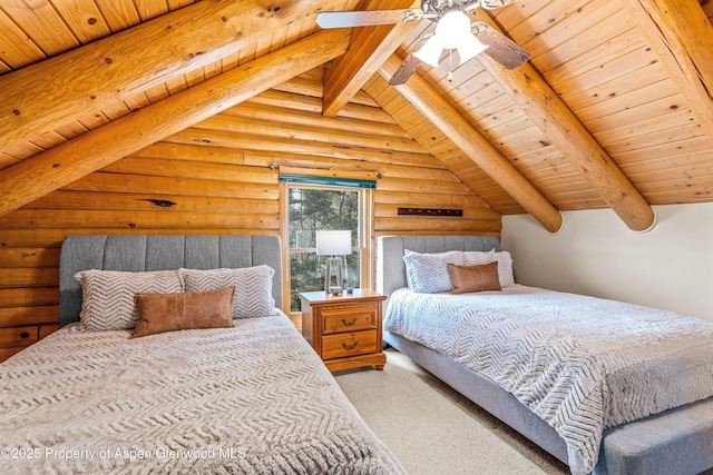 3 Hazel Lake Dr, Cimarron, CO 81220 - carpeted bedroom with rustic walls and wooden ceiling