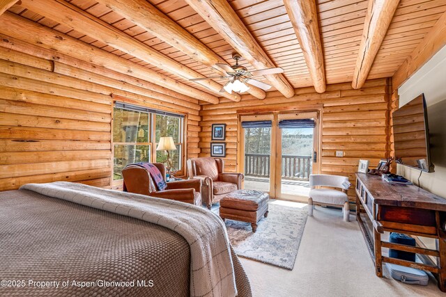 3 Hazel Lake Dr, Cimarron, CO 81220 - carpeted bedroom with wooden ceiling with exposed beams, access to outside, and rustic walls