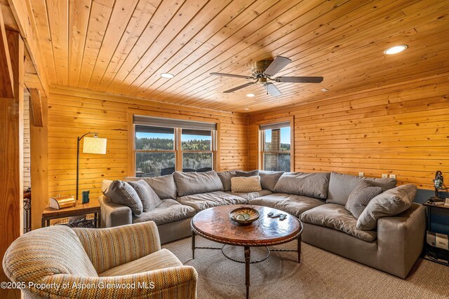 3 Hazel Lake Dr, Cimarron, CO 81220 - living area featuring wooden ceiling, wooden walls, ceiling fan, and recessed lighting