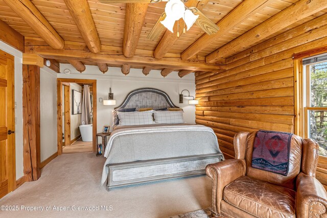 3 Hazel Lake Dr, Cimarron, CO 81220 - carpeted bedroom with wooden ceiling with exposed beams, log walls, and baseboards