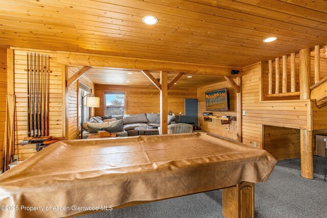 3 Hazel Lake Dr, Cimarron, CO 81220 - rec room with wood walls, billiards, wood ceiling, carpet floors, and recessed lighting