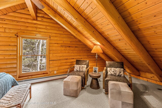 3 Hazel Lake Dr, Cimarron, CO 81220 - bedroom with baseboard heating, carpet, wood ceiling, and log walls