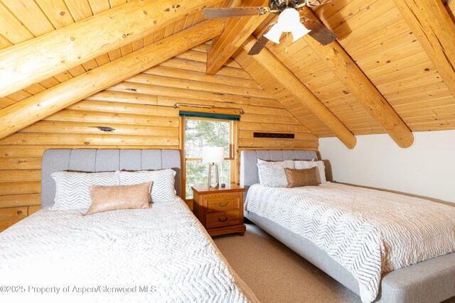 3 Hazel Lake Dr, Cimarron, CO 81220 - bedroom with wood ceiling, rustic walls, and carpet floors