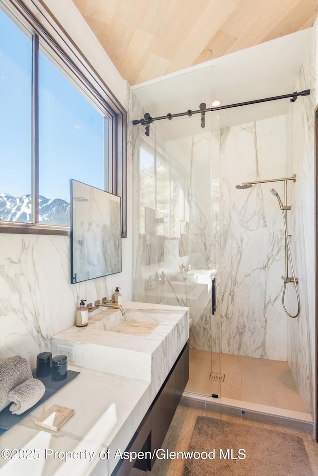 62 Bennett Ct, Aspen, CO 81611 - bathroom with a marble finish shower, vanity, and a mountain view