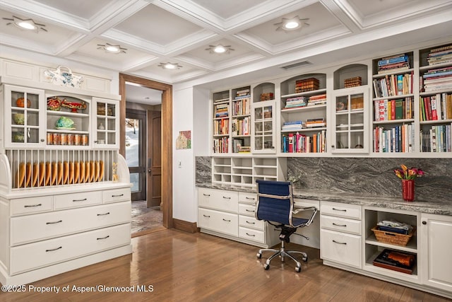645 Willoughby Way, Aspen, CO 81611 - office area with built in study area, dark wood finished floors, beam ceiling, and coffered ceiling