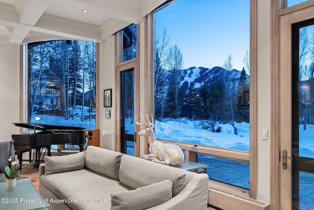 entryway with ornamental molding, coffered ceiling, a mountain view, and beamed ceiling