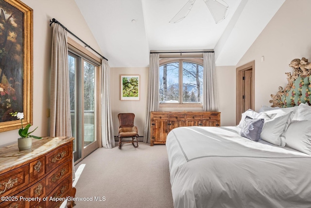 bedroom featuring access to outside, light colored carpet, vaulted ceiling, and multiple windows