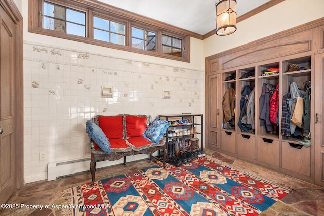 645 Willoughby Way, Aspen, CO 81611 - sitting room with crown molding and tile walls