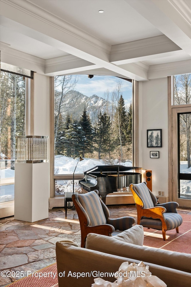 living room featuring crown molding, a mountain view, and stone tile floors