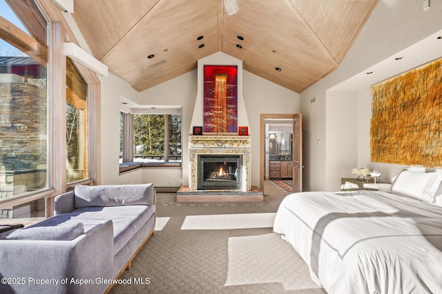 645 Willoughby Way, Aspen, CO 81611 - bedroom with vaulted ceiling, carpet, a large fireplace, and wooden ceiling