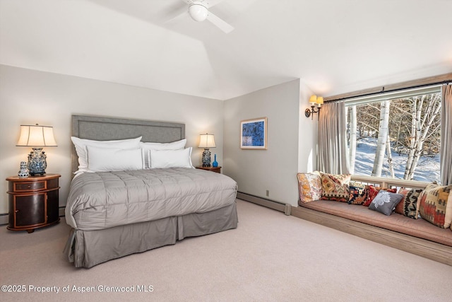 645 Willoughby Way, Aspen, CO 81611 - bedroom featuring a baseboard heating unit, carpet floors, lofted ceiling, and ceiling fan