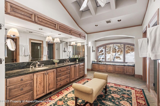 645 Willoughby Way, Aspen, CO 81611 - full bath featuring double vanity, high vaulted ceiling, tile patterned flooring, and a garden tub