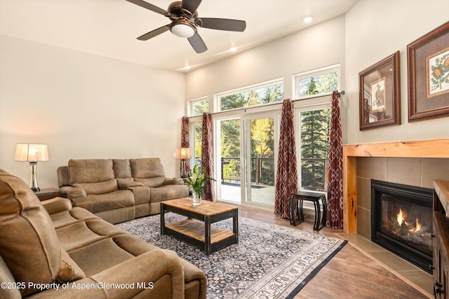 3900 County Road 3, Marble, CO 81623 - living room with a fireplace, ceiling fan, and light wood-type flooring