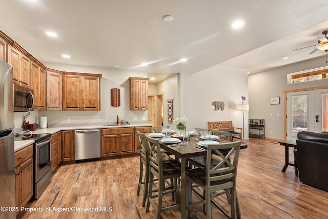 3900 County Road 3, Marble, CO 81623 - kitchen with ceiling fan, stainless steel appliances, sink, and light hardwood / wood-style flooring