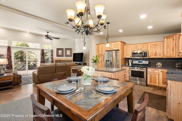 3900 County Road 3, Marble, CO 81623 - kitchen featuring dark hardwood / wood-style floors, light brown cabinetry, backsplash, hanging light fixtures, and stainless steel appliances