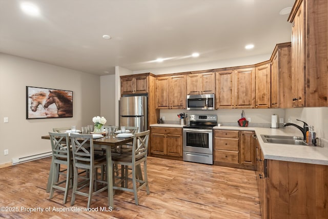 3900 County Road 3, Marble, CO 81623 - kitchen featuring a baseboard heating unit, appliances with stainless steel finishes, sink, and light hardwood / wood-style flooring