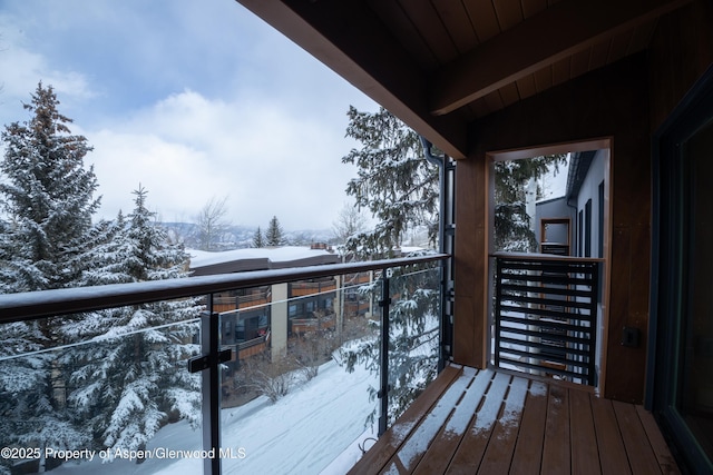 view of snow covered back of property