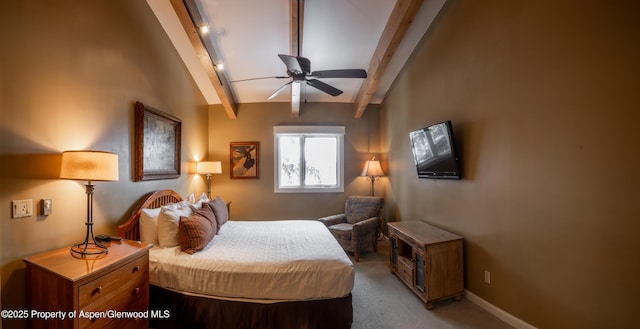 bedroom featuring ceiling fan, beamed ceiling, and light colored carpet