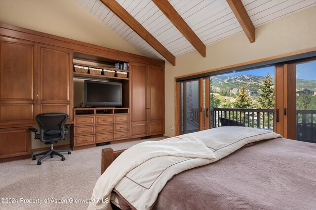 carpeted bedroom featuring vaulted ceiling with beams, access to exterior, and wood ceiling