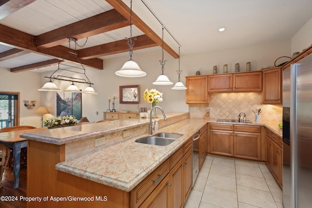 kitchen featuring kitchen peninsula, backsplash, sink, beamed ceiling, and hanging light fixtures