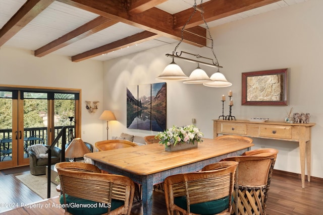 dining space with beam ceiling, dark hardwood / wood-style flooring, french doors, and wooden ceiling