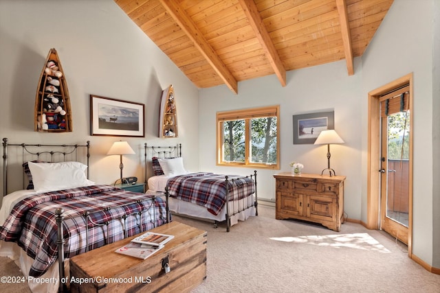 carpeted bedroom with multiple windows, lofted ceiling with beams, and wood ceiling