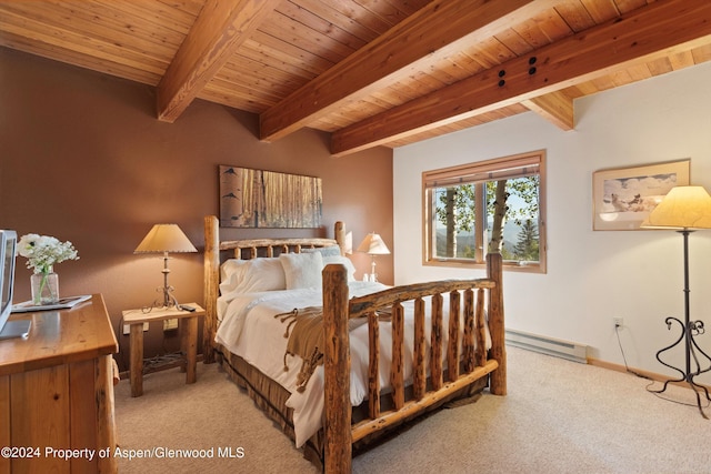 bedroom with beam ceiling, light colored carpet, a baseboard heating unit, and wooden ceiling