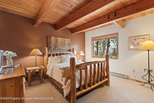 229 Faraway Rd # 34, Snowmass Village, CO 81615 - bedroom with beam ceiling, light colored carpet, a baseboard heating unit, and wooden ceiling