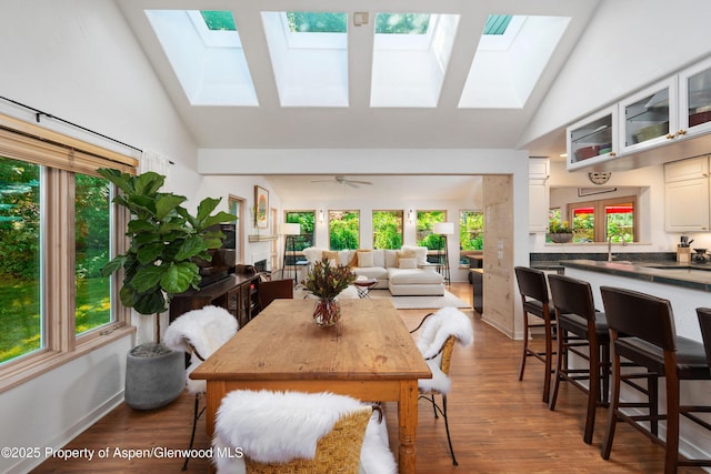 90 River Cv, Basalt, CO 81621 - dining area with a skylight, high vaulted ceiling, and wood finished floors