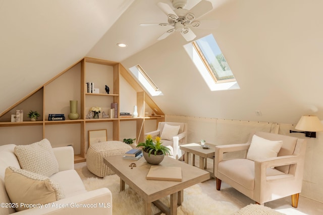 90 River Cv, Basalt, CO 81621 - living area featuring a skylight, lofted ceiling, ceiling fan, and recessed lighting