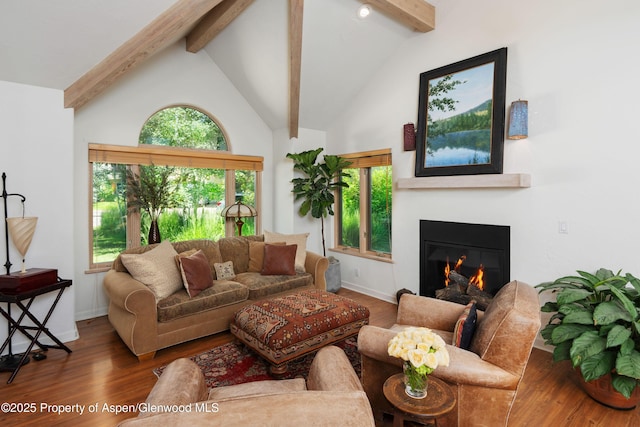 90 River Cv, Basalt, CO 81621 - living area with beamed ceiling, a glass covered fireplace, wood finished floors, plenty of natural light, and high vaulted ceiling