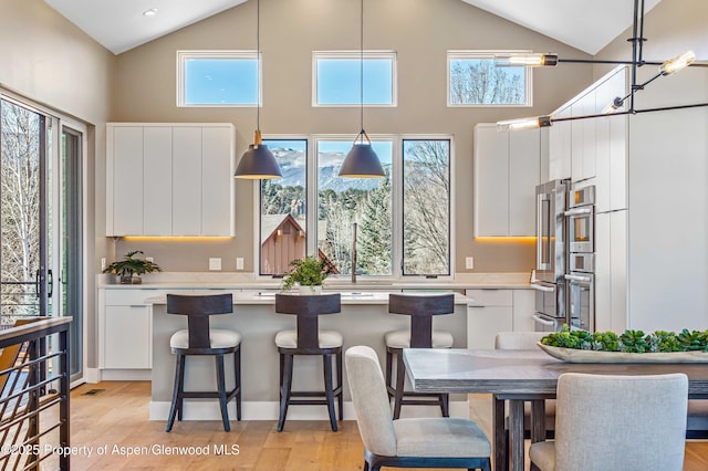 kitchen with light countertops, light wood-type flooring, and white cabinets