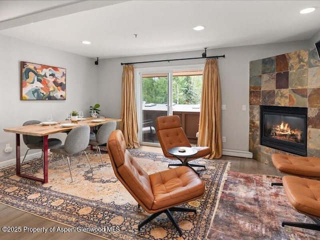 326 Midland Ave Unit 302, Aspen, CO 81611 - office area featuring wood finished floors, a fireplace, and recessed lighting